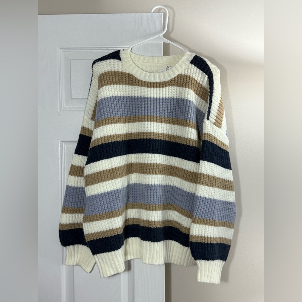 Altar'd State Cream and Brown Crew Neck Oversized Sweater